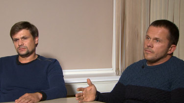 Ruslan Boshirov, left, and Alexander Petrov, likely not their real names, appear on the Kremlin-backed RT news network.