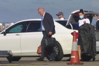 Prime Minister Scott Morrison arriving on his RAAF plane this morning.