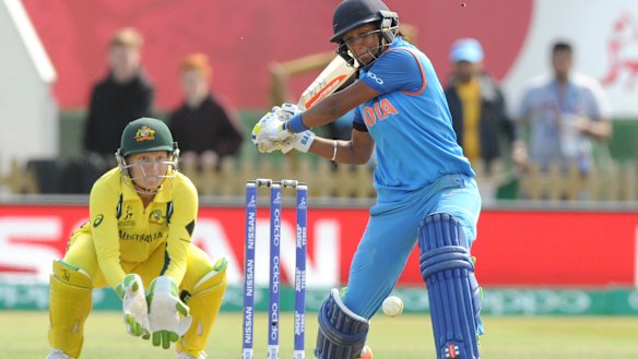 India’s Harmanpreet Kaur goes on the attack during the 2017 World Cup semi-final.