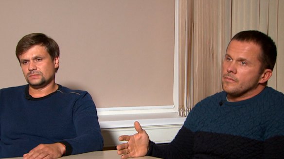 Ruslan Boshirov, left, and Alexander Petrov appear on the Kremlin-backed RT news network.