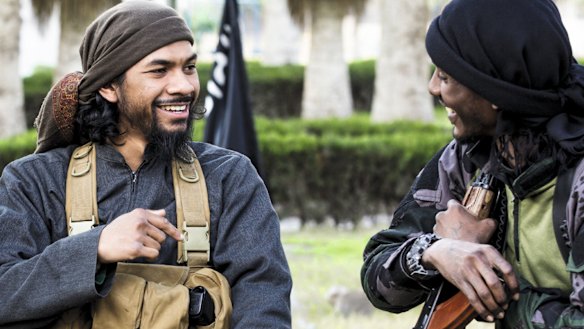 Neil Prakash, left, from a jihadist propaganda video in about 2015.