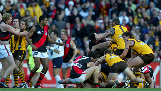 Hawthorn and  Essendon brawl in the 3rd quarter.