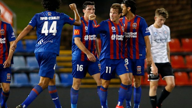 Nick Fitzgerald of the Jets celebrates scoring a first-half goal aganst Melbourne City.