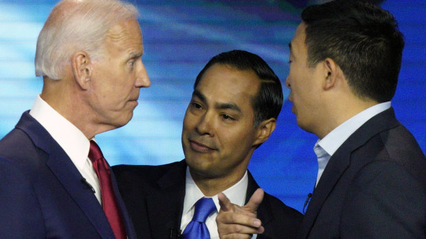 Democratic presidential candidates Joe Biden, Julian Castro and Andrew Yang during the Texas debate.
