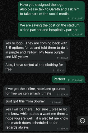 Messages between an account appearing to belong to Shane Warne and Raj Ramakrishnan discussing an All-Stars cricket tournament in 2019. 