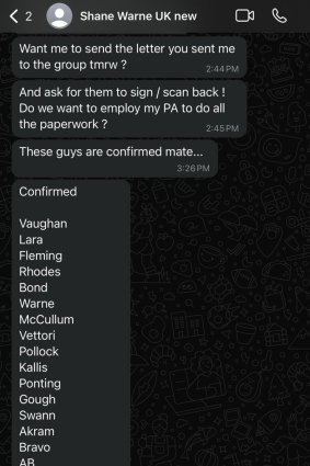 Messages from an account appearing to belong to Shane Warne to Raj Ramakrishnan discussing an all-star cricket tournament in 2019.