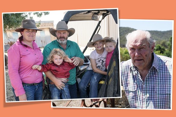 Alinta Energy pursued 80-year-old David White (right), and his family (left) for bankruptcy while bushfires threatened their dairy farm in King Valley in Victoria's High Country. Picture: Ron Ekkel