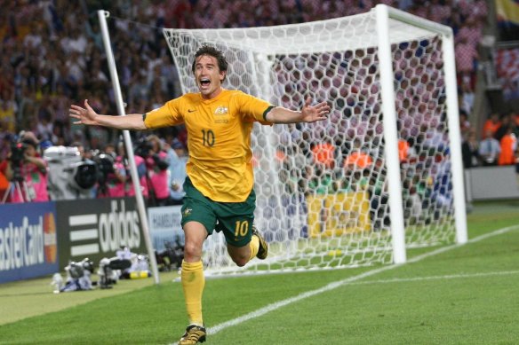 Harry Kewell celebrates the goal against Croatia that effectively put Australia through to the knock-out stage in 2006.
