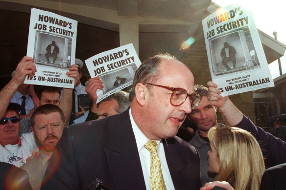 Peter Reith during a stand-off with Maritime Union members in his time as industrial relations minister.