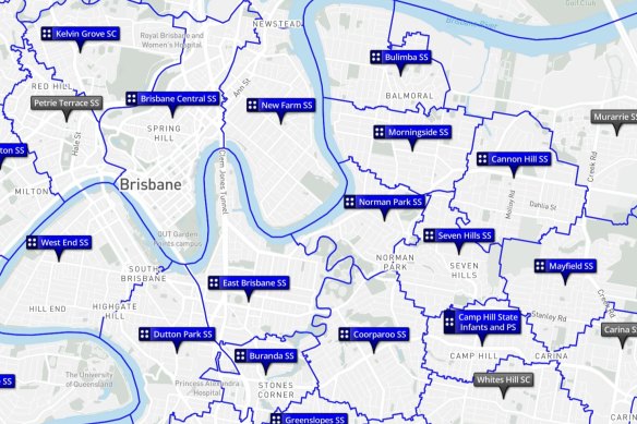 School catchment maps for several inner-Brisbane suburbs. The local area for up to half a dozen schools may need to change, due to East Brisbane State School being moved.