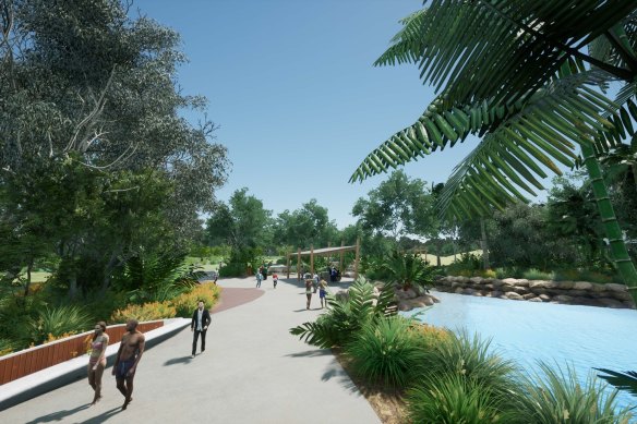 A South-Bank -styled lagoon is one aspect of a planned 2032 Games site at Birkdale that includes a separate whitewater kayaking slalom course.