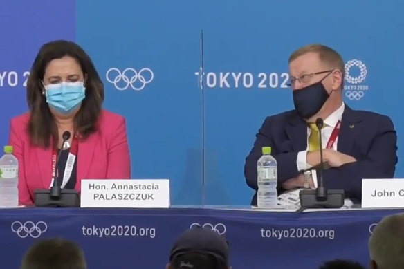 Queensland Premier Annastacia Palaszczuk and AOC president John Coates in Tokyo for the announcement of Brisbane as the host city for the 2032 Olympic Games.