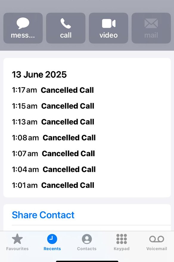 A screenshot of attempts to call Triple Zero from Sydney man Ugo Tellini’s phone in June. 