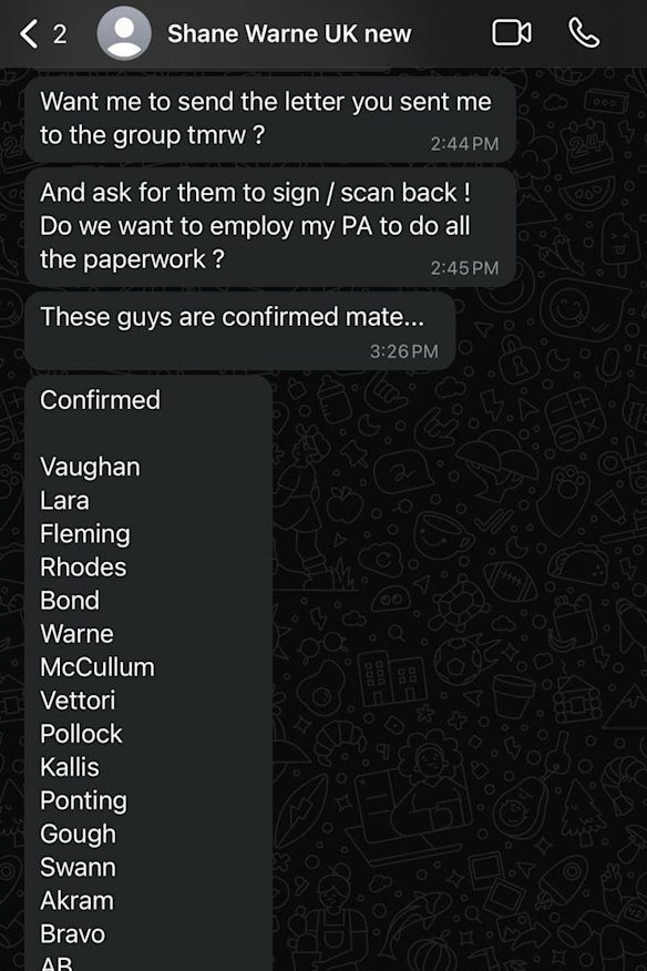 Messages from an account appearing to belong to Shane Warne to Raj Ramakrishnan discussing an all-star cricket tournament in 2019.