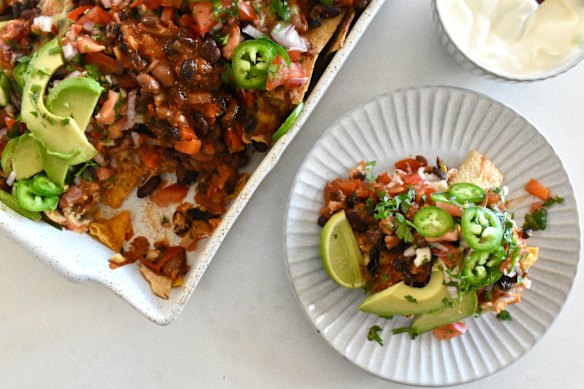 Cheesy nachos get a nutrition boost from a double serving of beans.