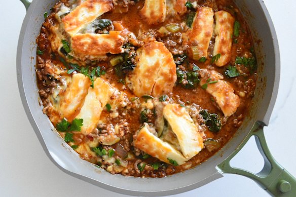 This comforting beef, cherry tomato and halloumi bake comes together without fuss.