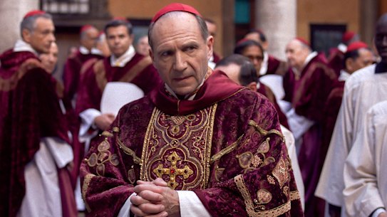 Ralph Fiennes as Cardinal Thomas Lawrence in the film Conclave.