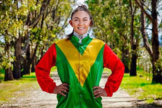 Jockey Celine Gaudray at home in Skye ahead of her maiden Melbourne Cup ride on Torranzino on Tuesday.
