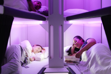 Supplied PR image for Traveller. Air New Zealand economy class bed design Skynest