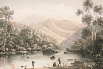 Aboriginal life near Upper Mitta Mitta, with Bogong Ranges in the background, in the mid-1800s, as depicted by the lithographer George Appleton.