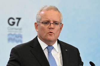 Prime Minister of Australia Scott Morrison gives a press conference after the conclusion of the G7 Summit Australian Prime minister Scott Morrison gives a press conference at Newquay airport, Cornwall during the G7 Summit.
