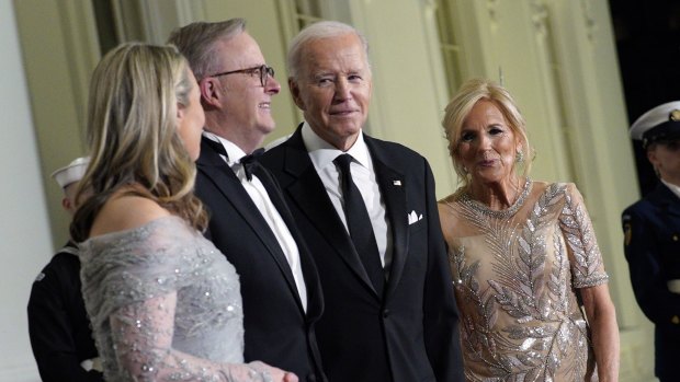 US President Joe Biden and First Lady Jill Biden welcome Anthony Albanese, and his partner Jodie Haydon.