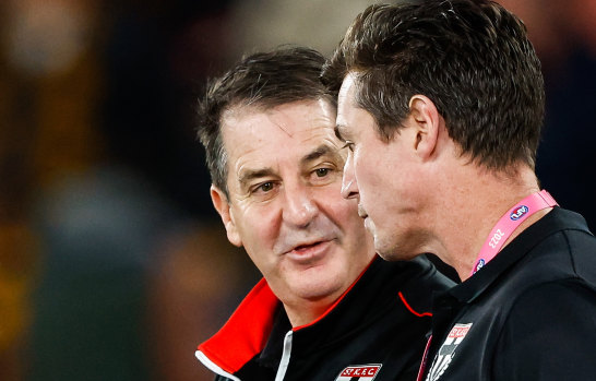 Ross Lyon with assistant coach Lenny Hayes, a former St Kilda champion.