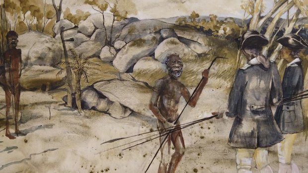Artwork by Jane Dennis depicts the meeting at Reconciliation Rocks between Captain James Cook and the Guugu Yimidhirr people.