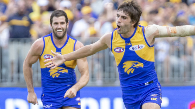 Fly with me: Andrew Gaff (right) celebrates a goal with close mate Jack Darling.