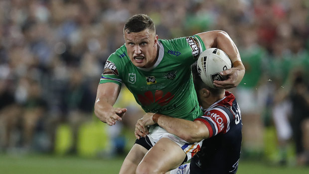 Jack Wighton takes a tackle in the most talked about moment of the grand final.
