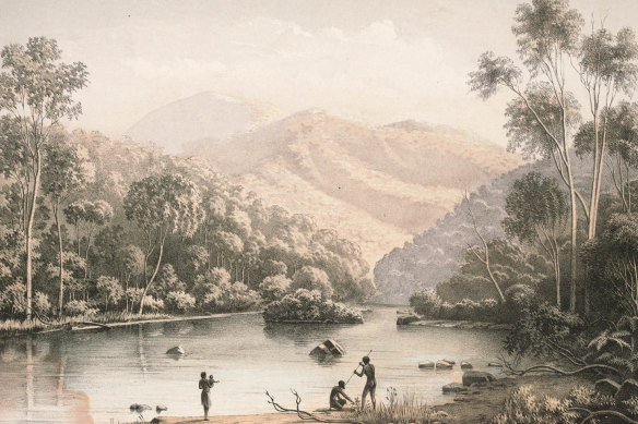 Aboriginal life near Upper Mitta Mitta, with Bogong Ranges in the background, in the mid-1800s, as depicted by the lithographer George Appleton.