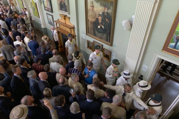 Australian cricketers are heckled and abused in the Lord’s Long Room at lunch during the Ashes cricket Test.