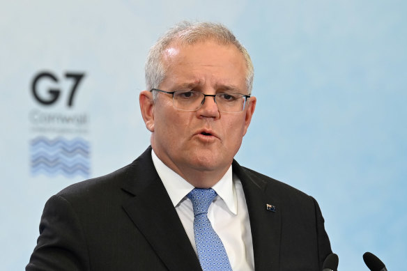 Prime Minister of Australia Scott Morrison gives a press conference after the conclusion of the G7 Summit Australian Prime minister Scott Morrison gives a press conference at Newquay airport, Cornwall during the G7 Summit.