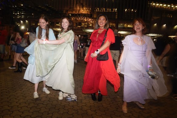 Friends Ellie Maish, Catherine Ogborn, Michelia Yu and Kayla Carr all dressed up in dresses from their favourite Eras.