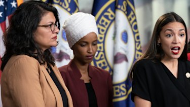 US congresswomen Rashida Tlaib, left, with Ilhan Omar and Alexandria Ocasio-Cortez.