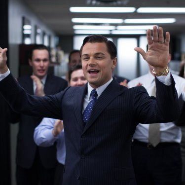 Leonardo DiCaprio in The Wolf of Wall Street, playing corrupt US stockbroker Jordan Belfort.