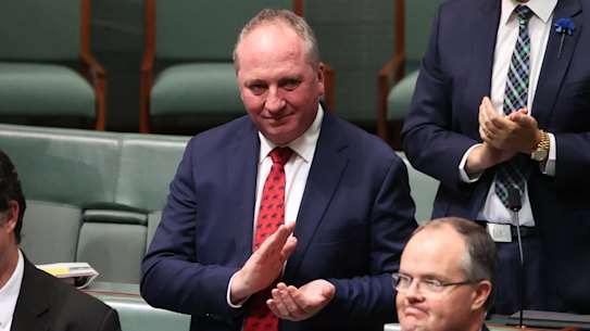 Nationals MP Barnaby Joyce during applause for Nationals MP Michael McCormack following Question Time.