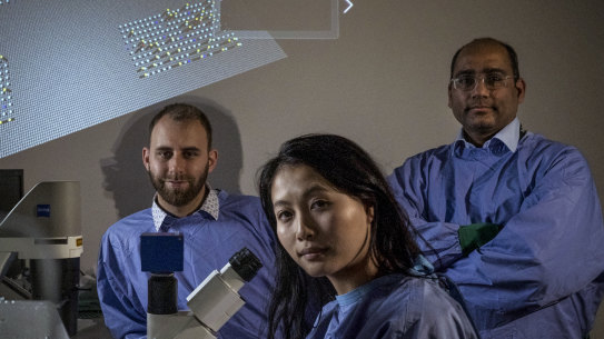 Dr Brett Kagan, Dr Nhi Thao Tran and Dr Adeel Razi - and, in the background, a representation of the neurons and the game Pong.