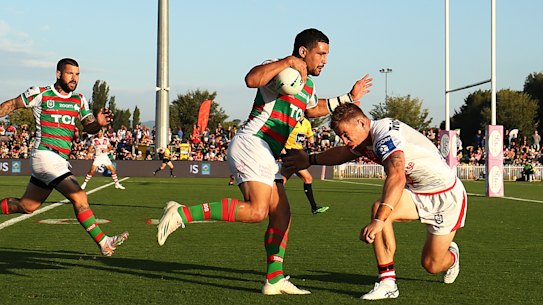 Cody Walker of the Rabbitohs runs at Matt Dufty of the Dragons during the Charity Shield & NRL Trial Match between the South Sydney Rabbitohs and the St George Illawarra Dragons at Glen Willow Regional Sports Stadium on February 27, 2021 in Mudgee.
