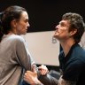 Zoe de Plevitz (Jess) and Dan Daw (John) rehearse Cost of Living at Queensland Theatre. The script specifies that John be played by a disabled actor.