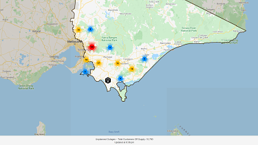 A screenshot of AusNet Services outages tracker map taken on Tuesday evening. 