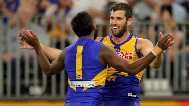 Jack Darling (right) celebrates with Liam Ryan, who was subject to racist abuse online during the week. 