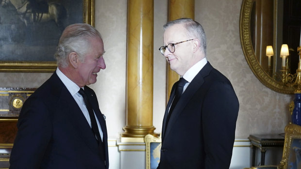 King Charles III speaking to Prime Minister Anthony Albanese at Buckingham Palace last year.