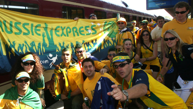 Thousands of Aussie fans arrive from Frankfurt by train to the station before Australia's Word Cup game with Japan in  Kaiserslautern, Germany.  