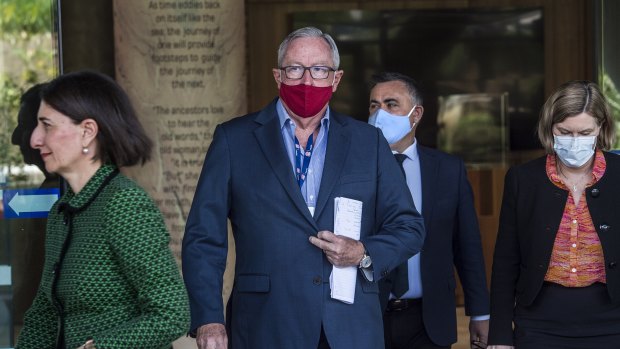 NSW Health Minister Brad Hazzard, with Premier Gladys Berejiklian, Deputy Premier John Barilaro and Chief Medical Officer Kerrie Chant, says the government will not be moving quarantine facilities outside of Sydney. 