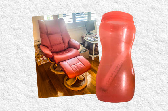 The orange chair and orange bottle.