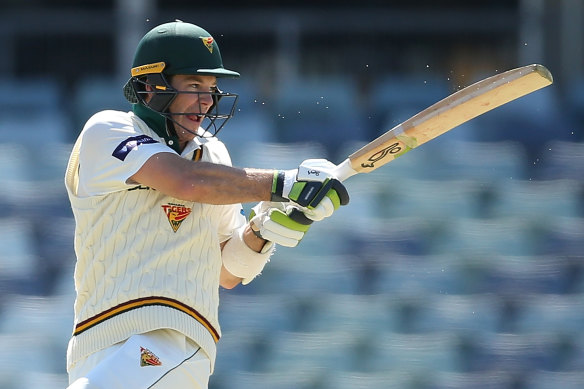 Ton: Tim Paine bats for Tasmania during day three of the Sheffield Shield. 