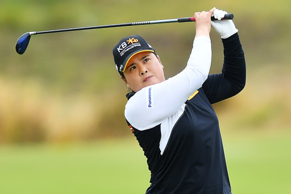Inbee Park hits her second on the 17th hole during day three of the Women's Australian Open. 