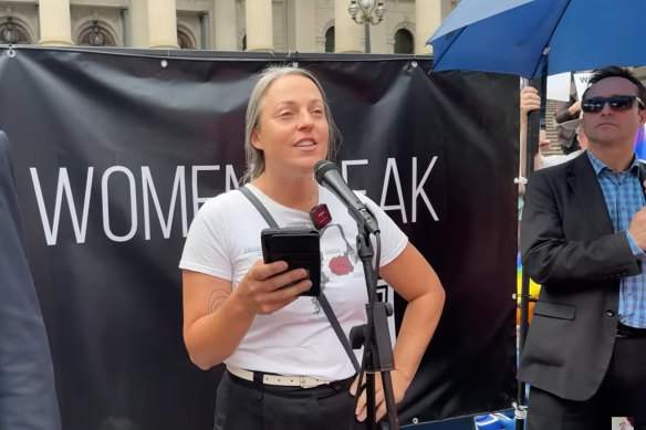 Holly Lawford-Smith addresses the March 18 Let Women Speak rally, an event now notorious for the presence of neo-Nazis.
