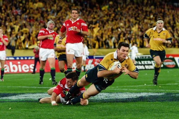 Current Rugby Australia chairman Daniel Herbert scoring in 2001 the last time the Wallabies beat the Lions in a series